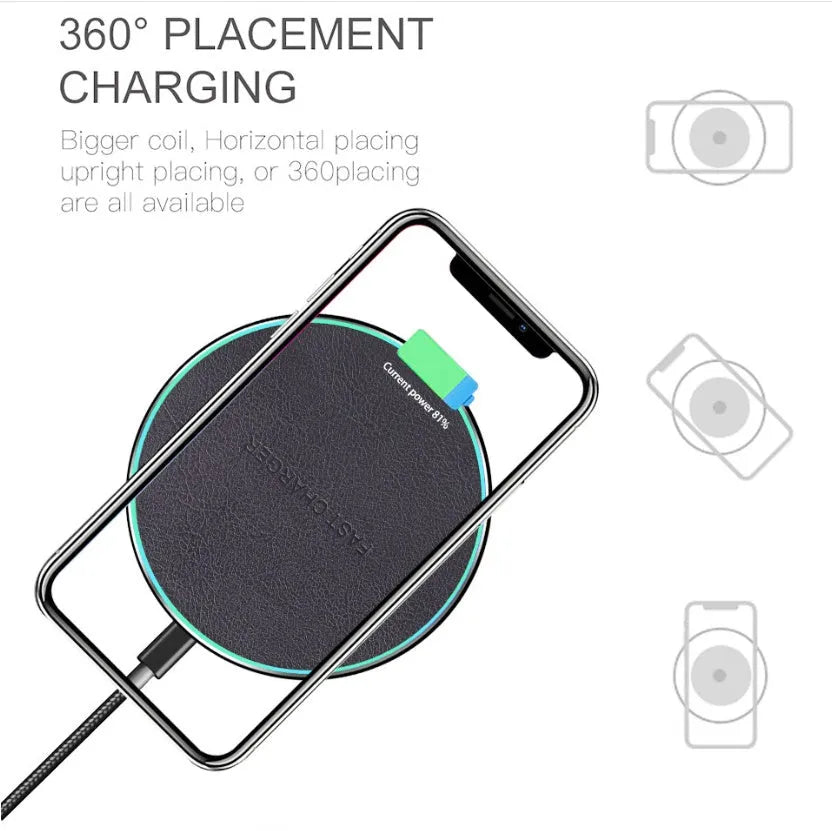 Black circular Qi wireless charging pad for iPhone 11 with LED indicator