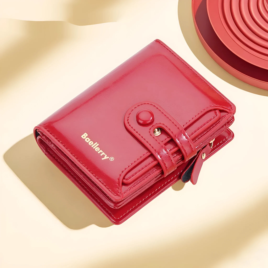 A PU leather card holder wallet for women, shown in various colours including black, white, blue, and pink.