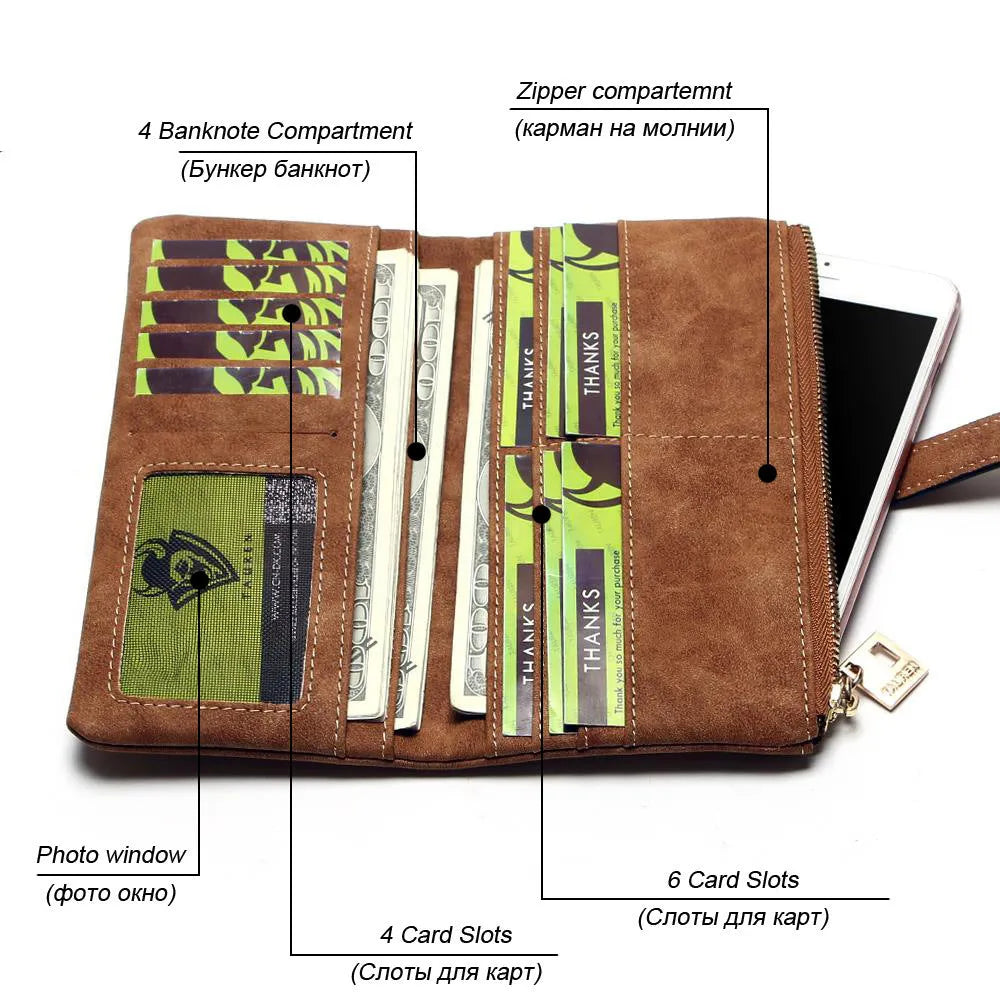Long vertical women's wallet in matte PU leather with a central zip, shown open to reveal card slots and a phone pocket.