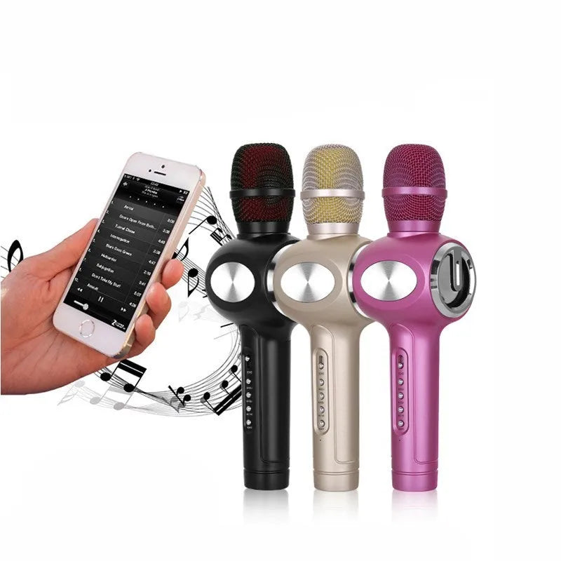 Yaerjia E108 wireless karaoke microphone in black, gold, or pink colours with built-in speaker