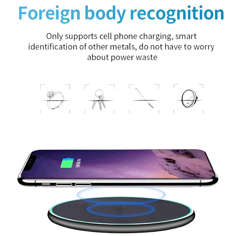 Black circular Qi wireless charging pad for iPhone 11 with LED indicator