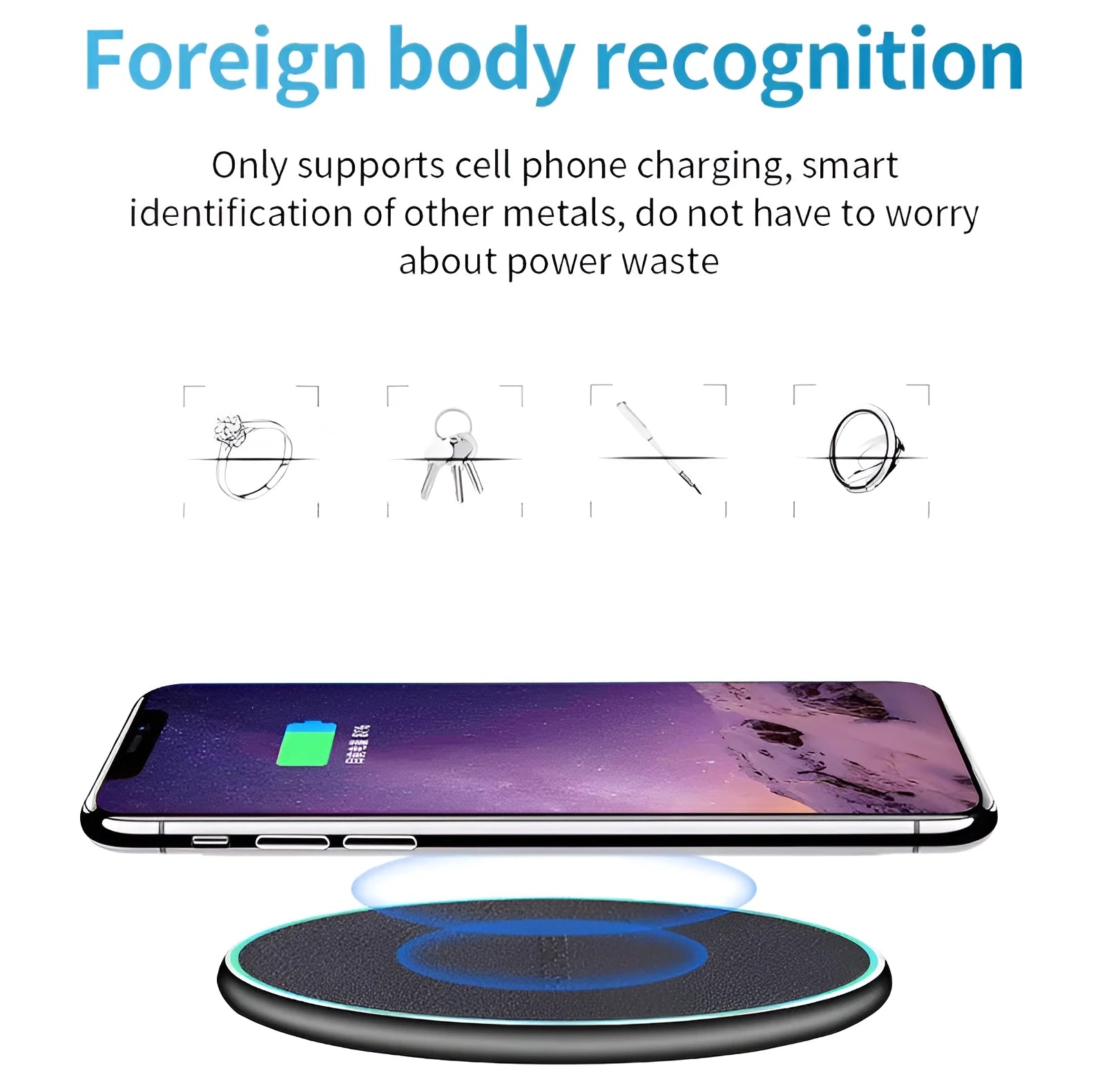 Black circular Qi wireless charging pad for iPhone 11 with LED indicator