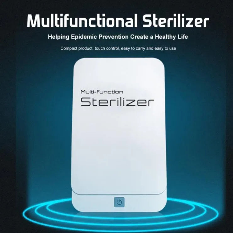 Blue UV phone steriliser cabinet with touch switch, showing mobile phone and mask inside for disinfection.