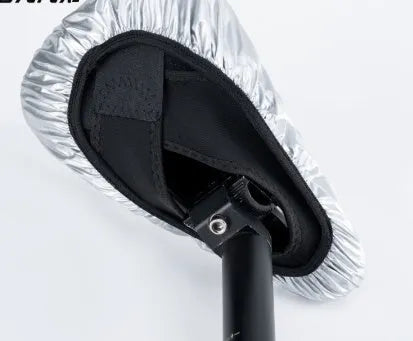 Silver outdoor cycling bike saddle rain cover made from 100% polyester on a bicycle