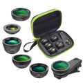 Black 6-in-1 smartphone lens kit with fisheye, macro, wide-angle, telephoto lenses and filters in EVA case