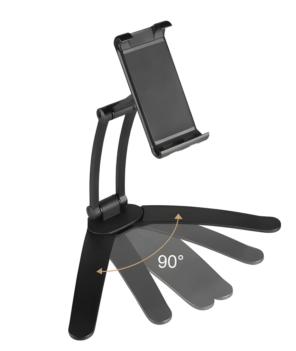 Silver aluminium alloy tablet stand holding a tablet, showing its 360-degree adjustable hinge and chuck system.