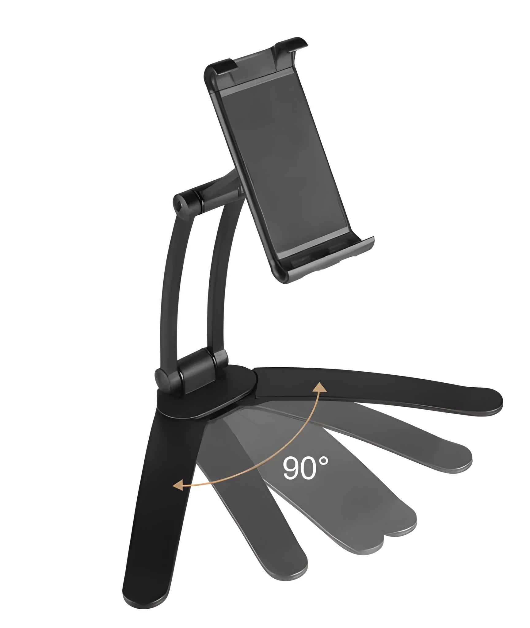Silver aluminium alloy tablet stand holding a tablet, showing its 360-degree adjustable hinge and chuck system.