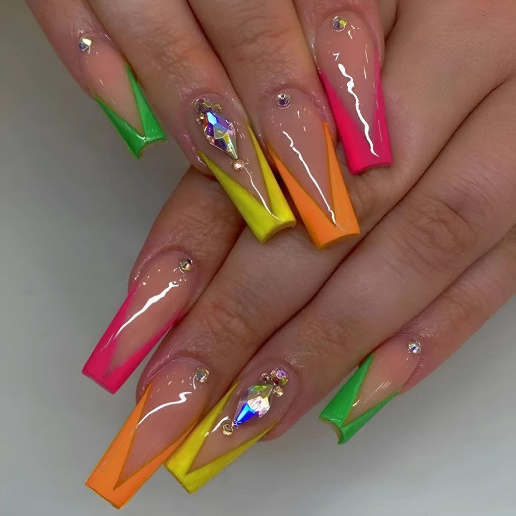 Detachable false nail tips with diamond colour French finish and red cartoon cross-heart pattern.