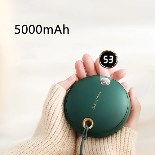 Green hand warmer power bank with digital display showing battery percentage, USB Type-C cable included
