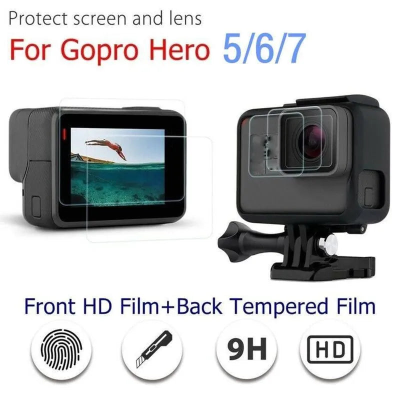 GoPro Hero 5 6 7 transparent tempered glass lens and LCD screen protector films laid flat.