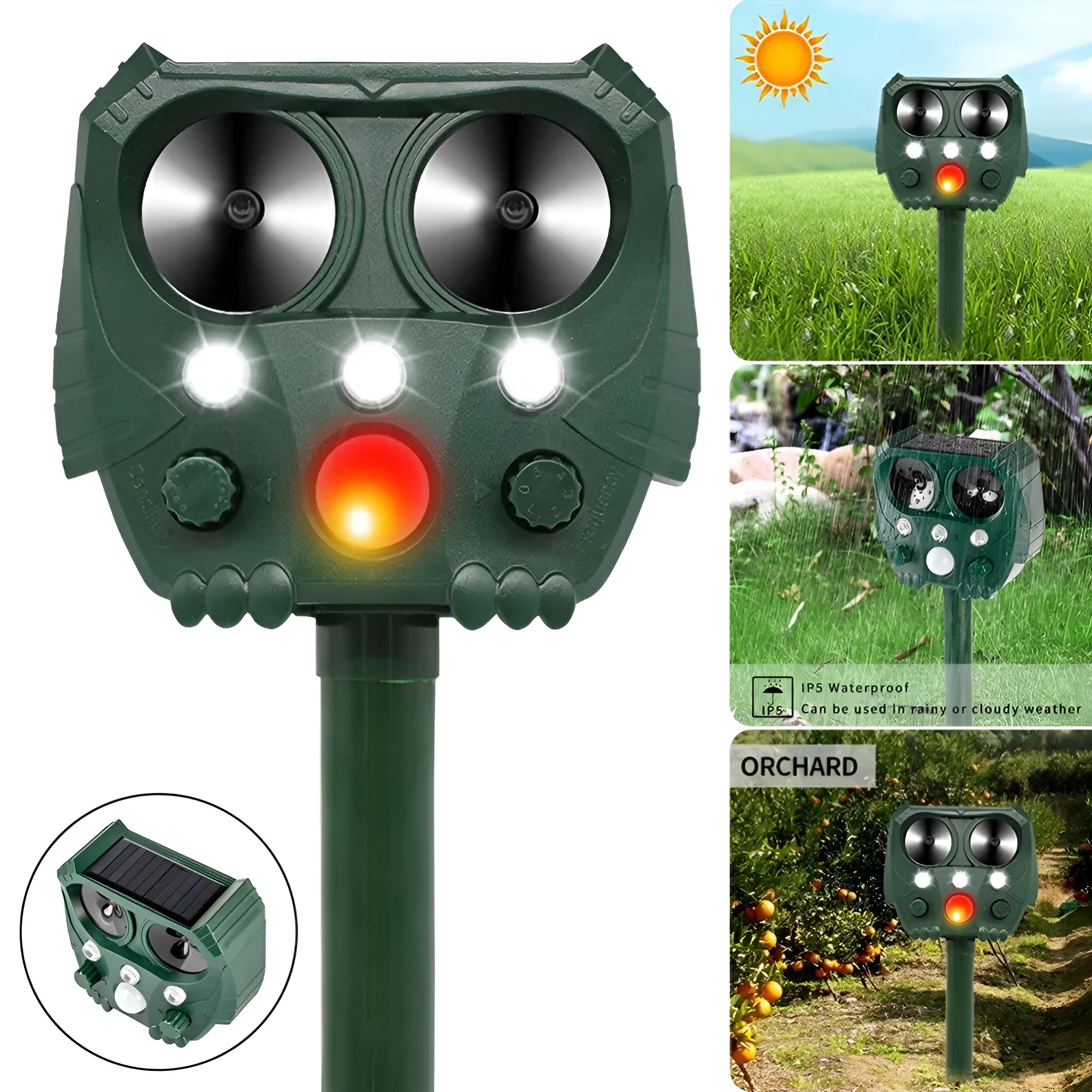 Green solar-powered ultrasonic dog and pest repeller unit for outdoor mounting