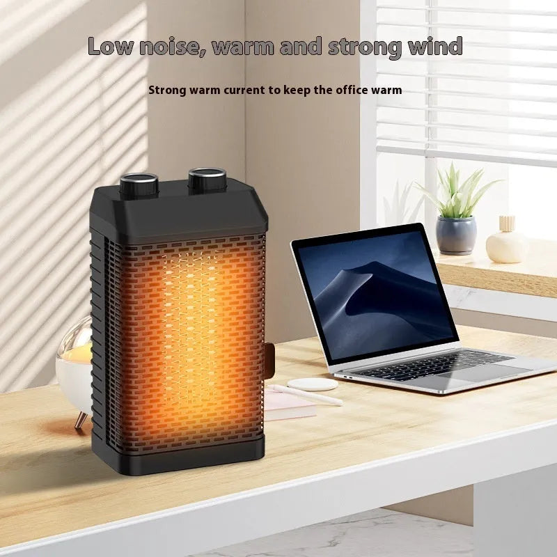 Black desktop electric heater with remote control, showing front knob and compact size for desk use