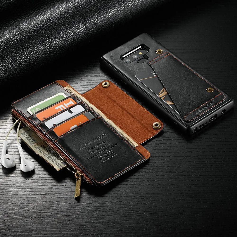 Samsung Galaxy Note 9 flip phone case in black PU leather showing closed and open positions