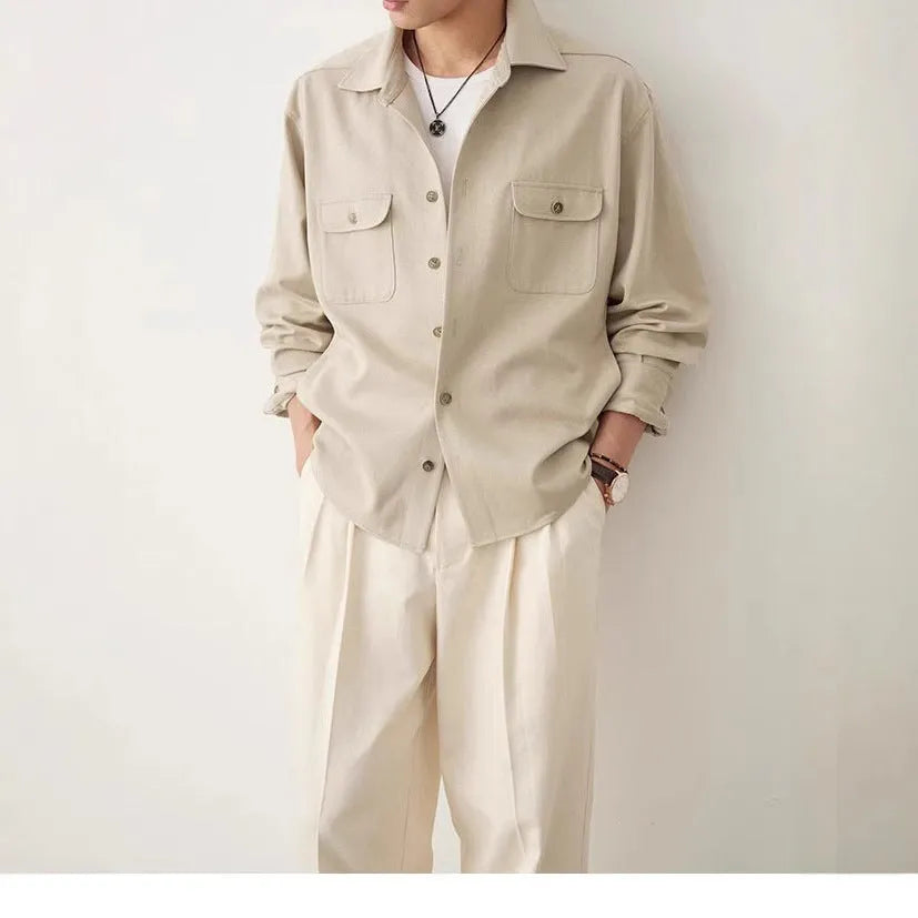 Men's cotton blend long sleeve shirt with simple lapel design in light sand rice colour