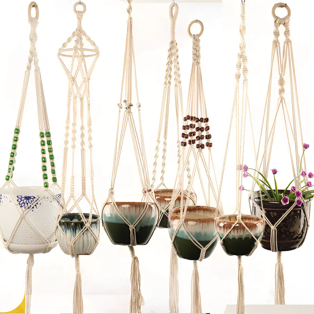 Woven wire planter basket in cotton rope, shown in desktop and wall hanging styles.