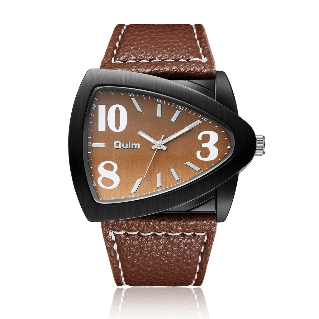 Men's casual triangle belt quartz watch showing 9mm thickness case