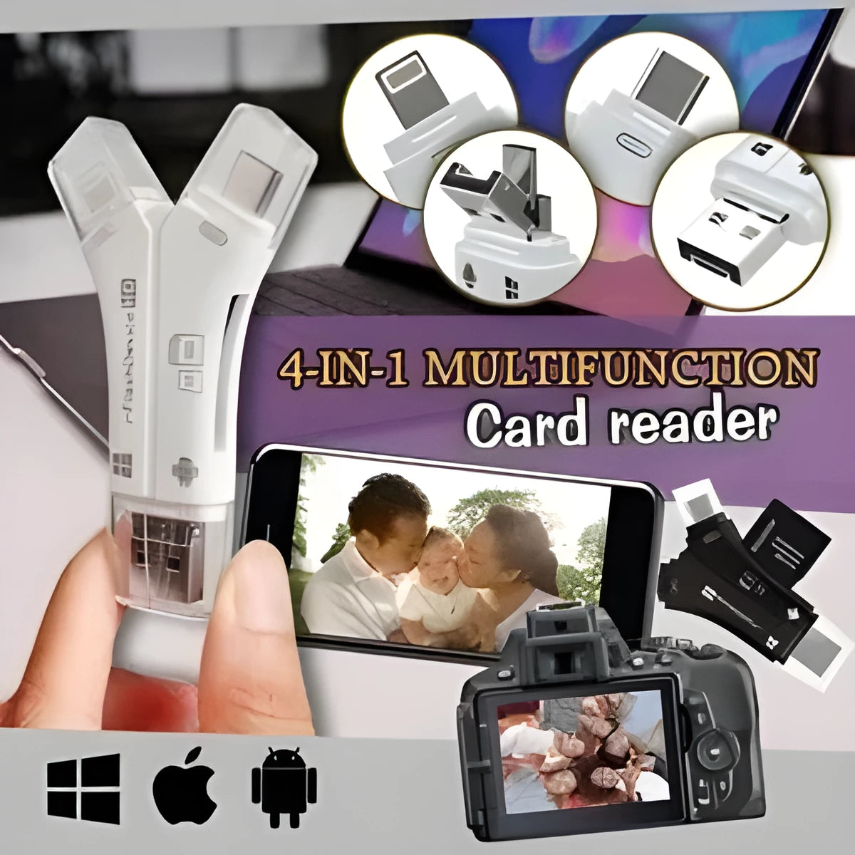 White 4-in-1 card reader with SD and Micro SD slots for iPhone and Android devices