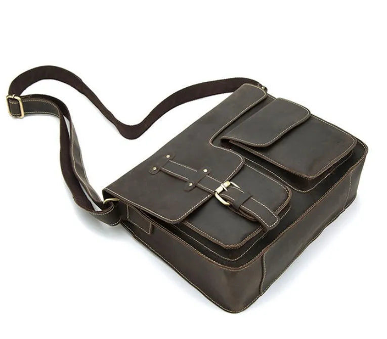 Genuine leather vintage messenger bag in brown with adjustable strap and flap closure
