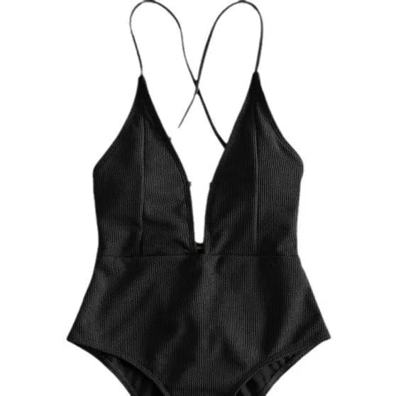 Women's solid colour lace-up one-piece swimsuit in black polyester fabric