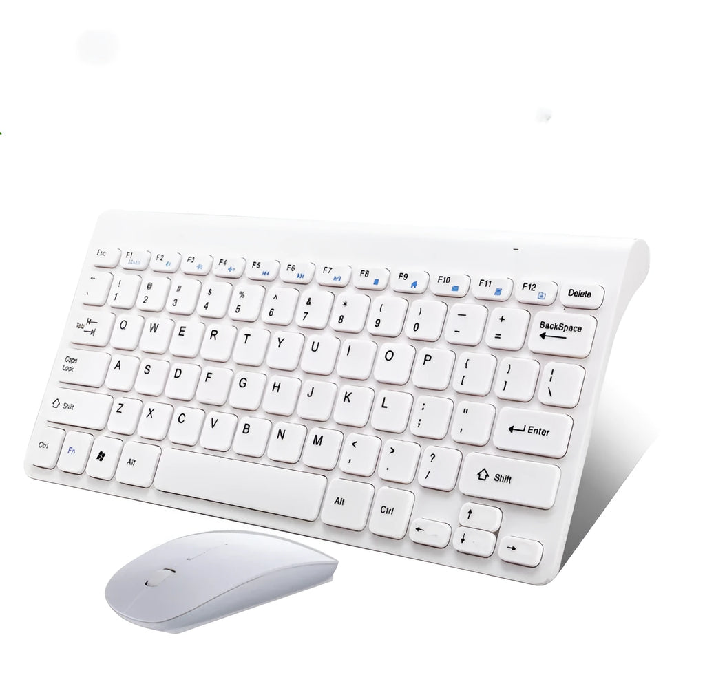 Black wireless keyboard and mouse set on wooden desk showing 2.4GHz wireless operation