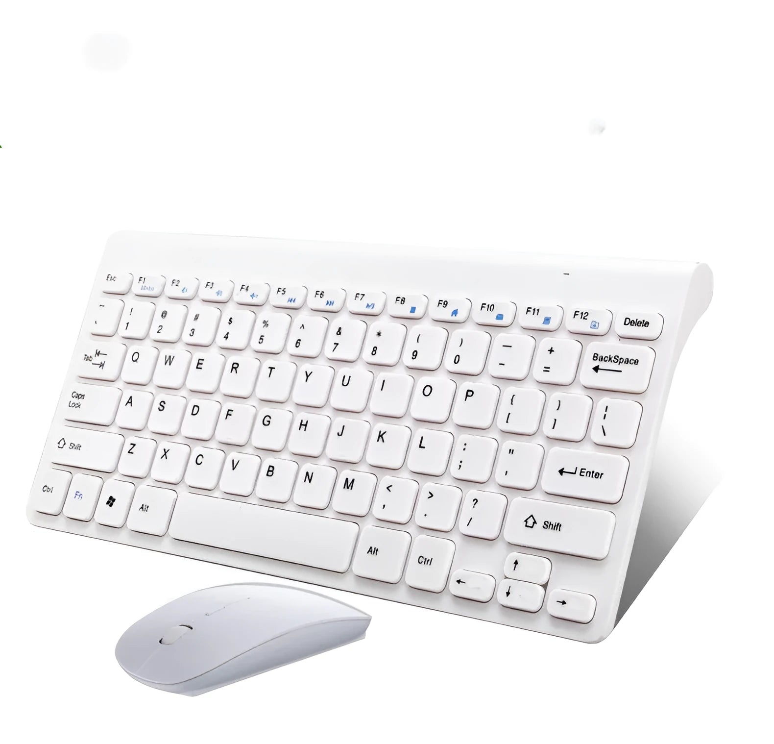 Black wireless keyboard and mouse set on wooden desk showing 2.4GHz wireless operation