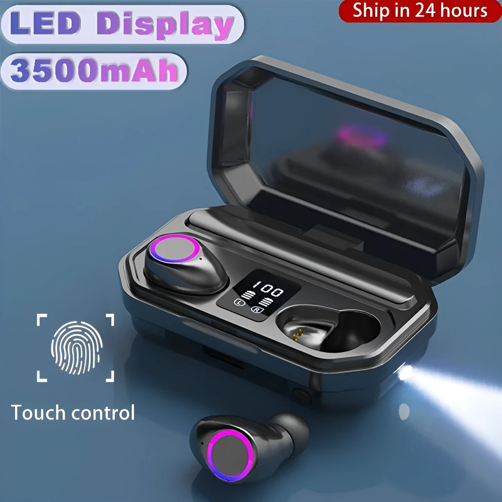 Black wireless Bluetooth in-ear headset with charging case showing LED battery display