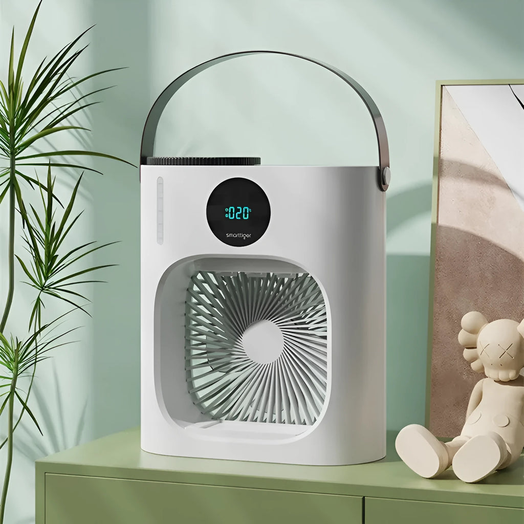 White USB refrigeration air conditioner fan with brushless motor and timing screen display on a desk