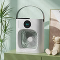 White USB refrigeration air conditioner fan with brushless motor and timing screen display on a desk