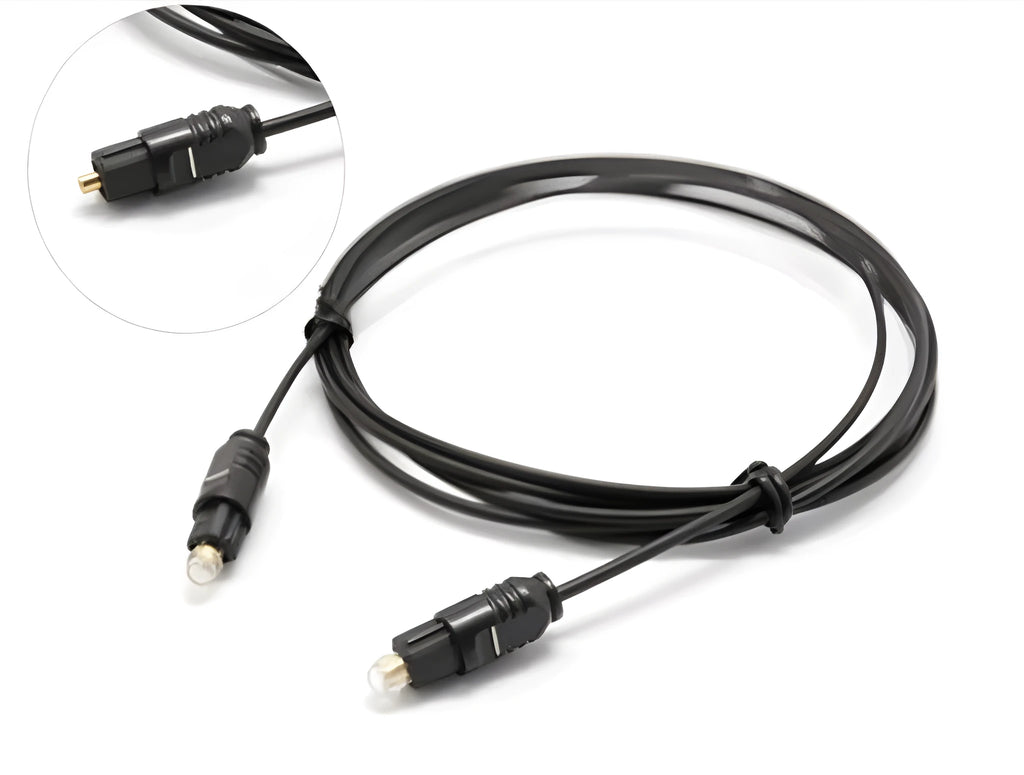 OD2.2 digital audio optical fibre cable with black PVC jacket, showing connector detail and slim 2.2mm profile.