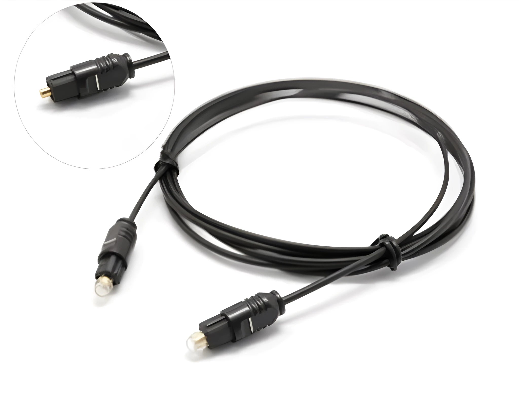 OD2.2 digital audio optical fibre cable with black PVC jacket, showing connector detail and slim 2.2mm profile.