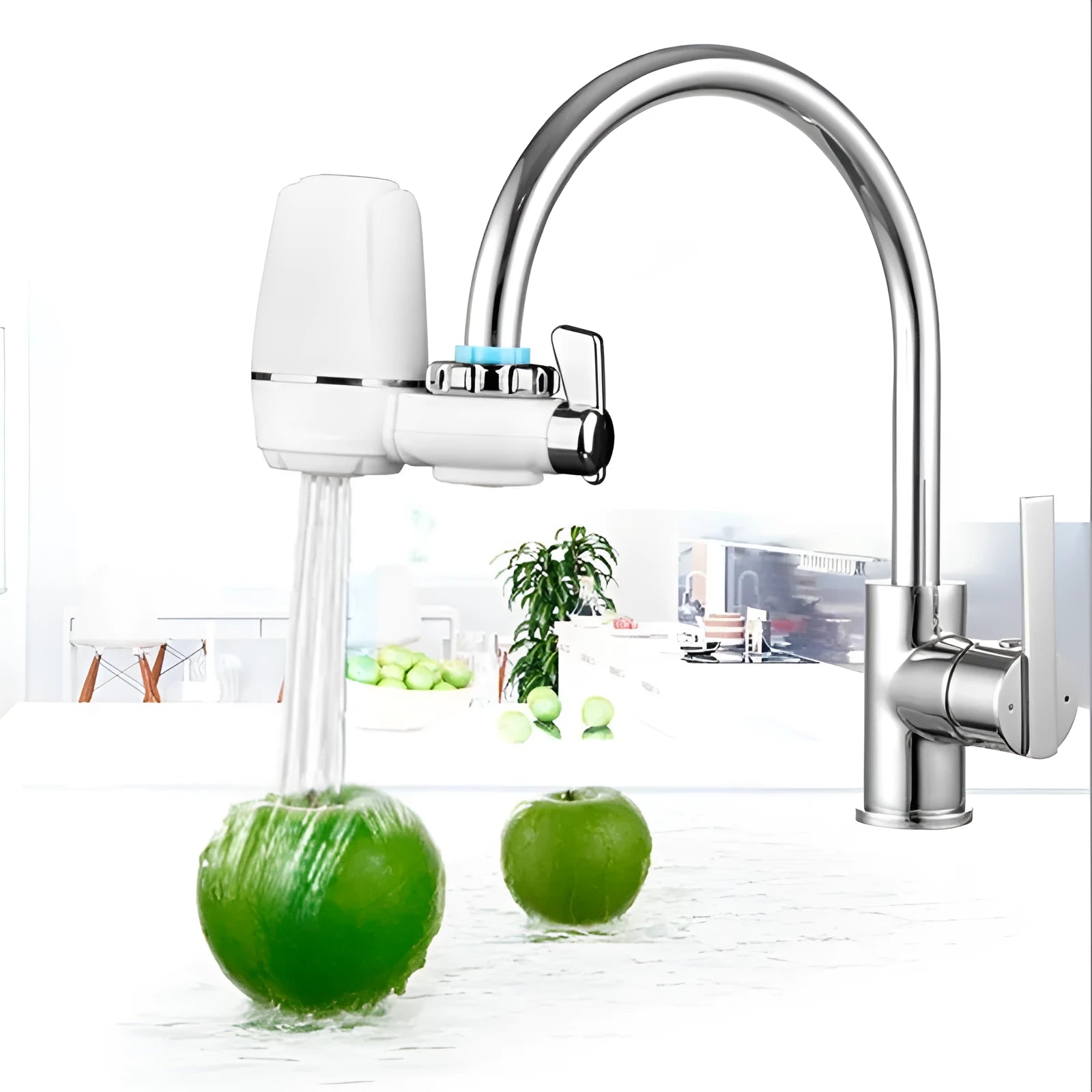 White plastic faucet water filter with ceramic cartridge and set of tap thread adapters