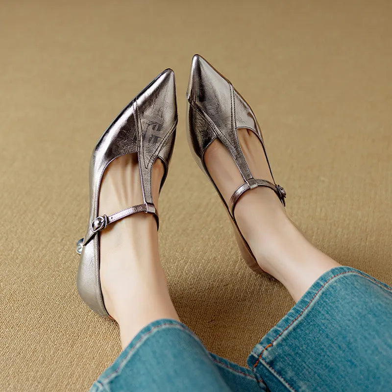 Genuine leather Mary Jane high heels with chunky heel in gun colour and pink options