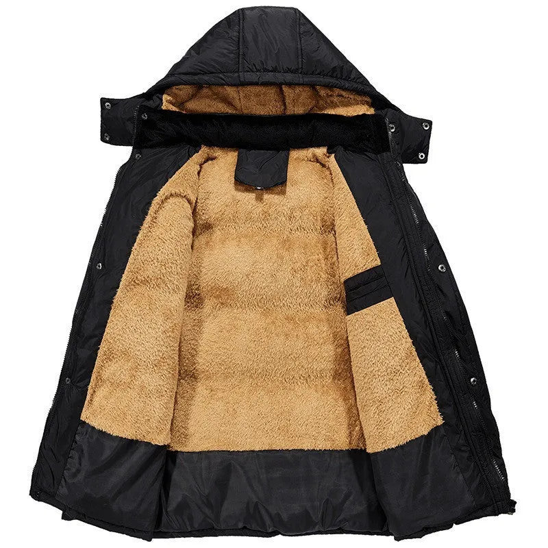 Men's black hooded double-breasted velvet padded jacket for winter sports