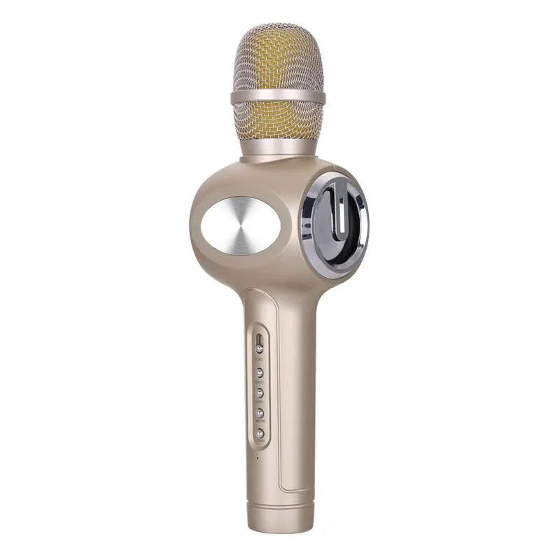 Yaerjia E108 wireless karaoke microphone in black, gold, or pink colours with built-in speaker