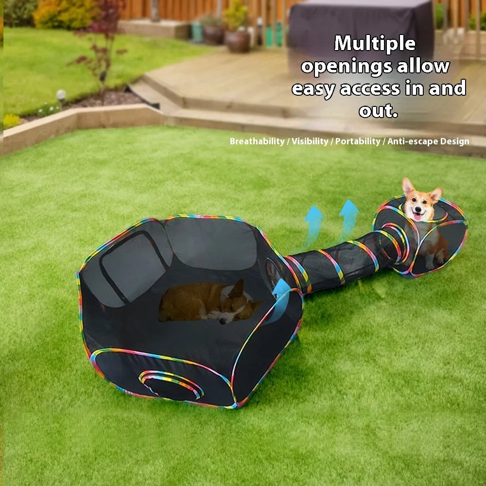 Foldable mesh cat cage in five shape options: hexagonal, long straight, tent, tee, and square configurations