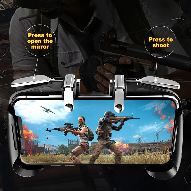 Multifunctional mobile game handle controller in black blue and white colours attached to a smartphone