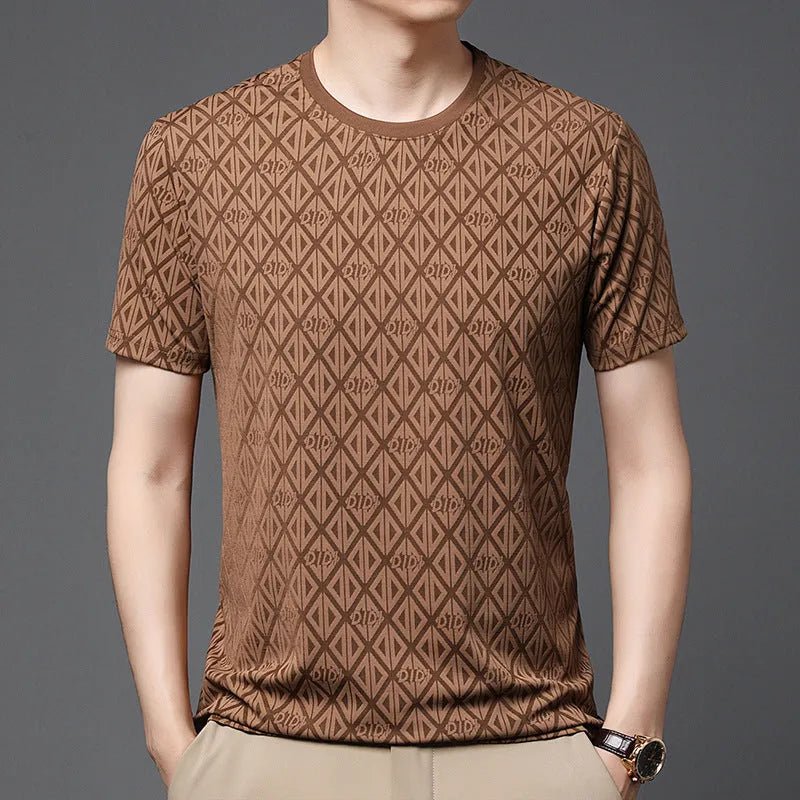 Men's black jacquard pattern short sleeve T-shirt with round neck and loose fit casual design