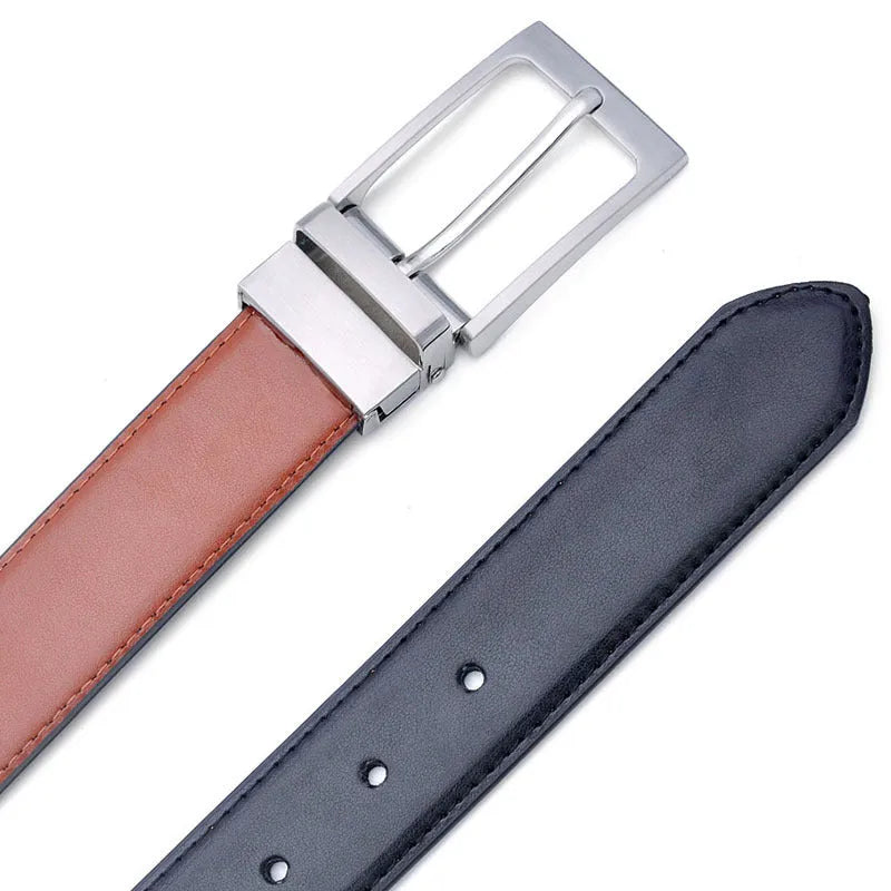 Men's dark brown and black genuine leather belt with a silver rotating pin buckle.
