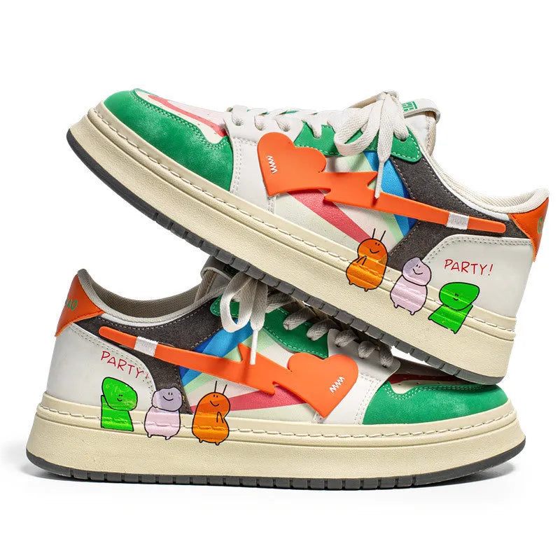 Lace-up casual sneakers in white, blue, and rainbow colour options with simple plain design