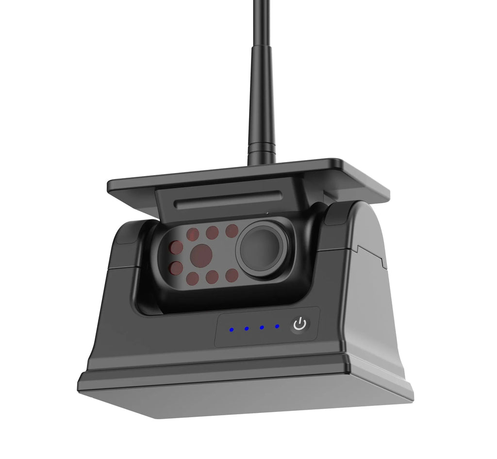 Solar-powered wireless reversing camera with magnetic mount showing aluminium alloy housing and adjustable angle mechanism