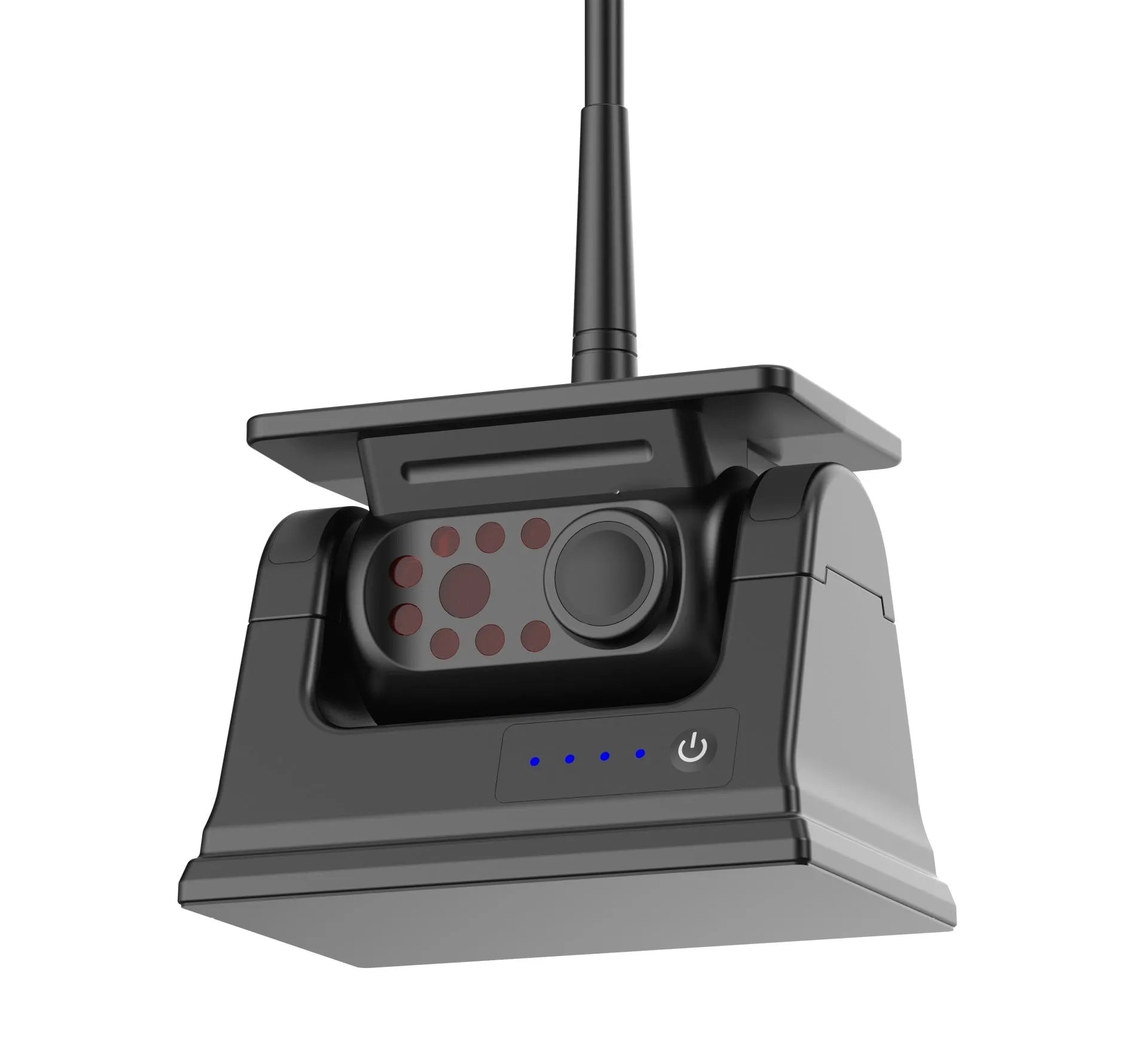 Solar-powered wireless reversing camera with magnetic mount showing aluminium alloy housing and adjustable angle mechanism