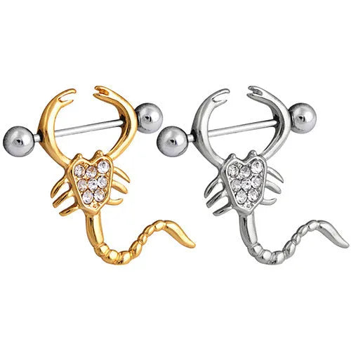 Gold 14g scorpion body piercing jewellery with crystal diamond and 316L steel needle.
