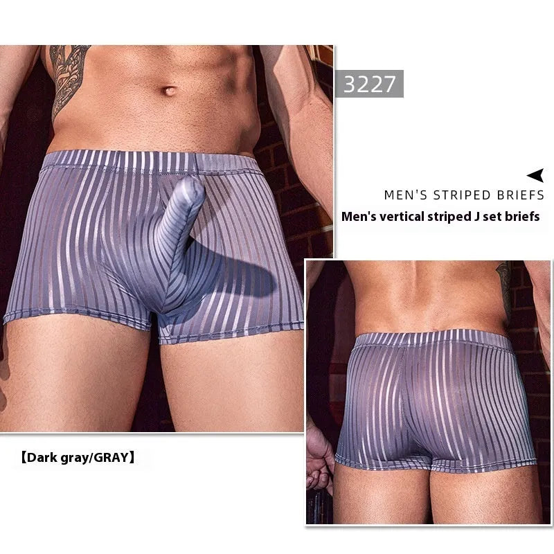 Men's black striped nylon boxer briefs showing vertical pattern and elastic waistband.