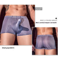 Men's black striped nylon boxer briefs showing vertical pattern and elastic waistband.