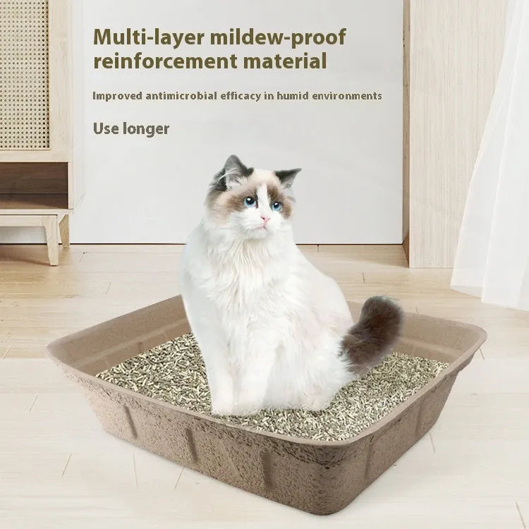 Brown disposable cat litter box showing its waterproof, degradable material and one of three available sizes.