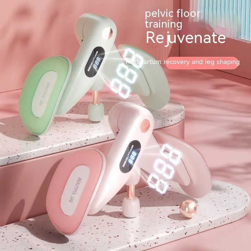 Pelvic floor muscle trainer device with counter, shown in grey, made from ABS spring foam.