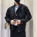 Men's black PU leather pilot jacket with Korean styling and side seam pockets