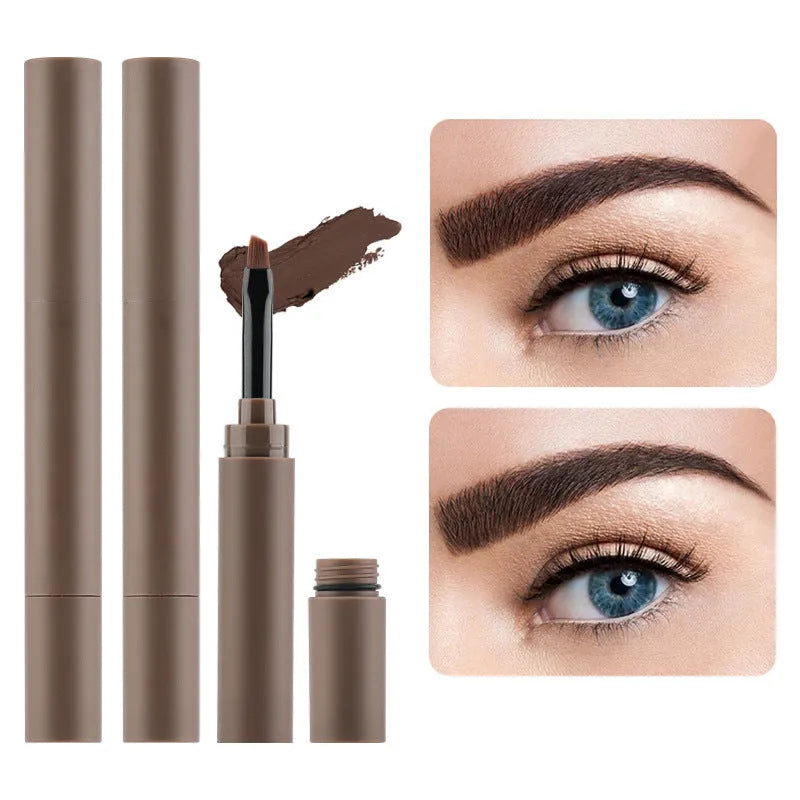 Double-headed eyebrow cream in five shades including reddish brown, brown, light brown, dark brown, and black