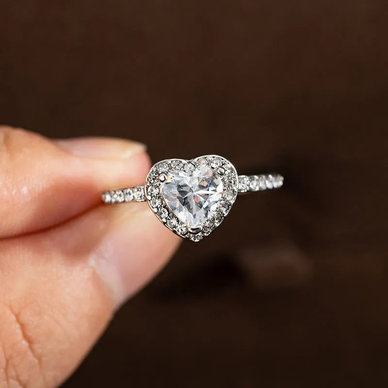 Heart-shaped crystal women's ring in rose gold or silvery electroplated finish