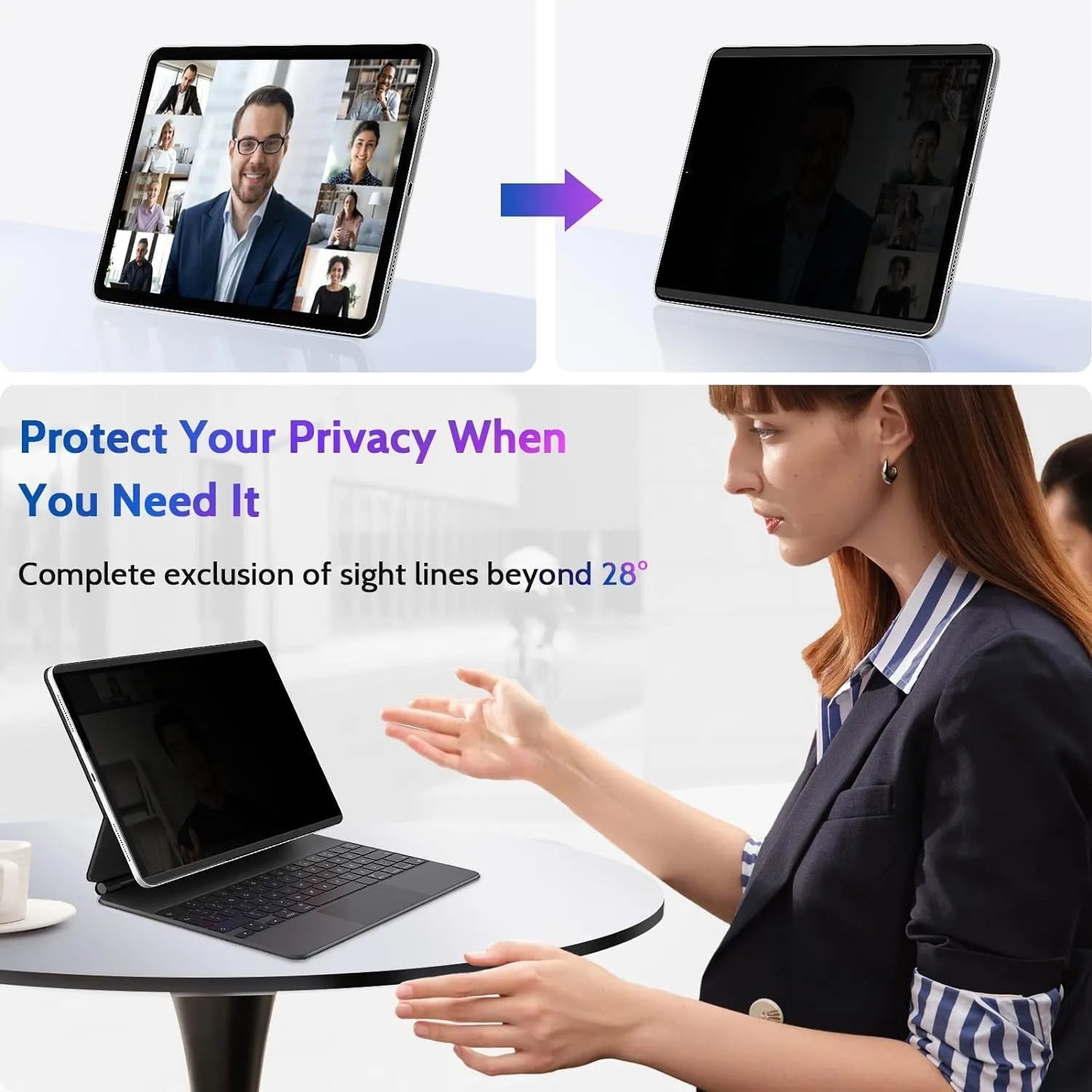 Magnetic anti peeping film for iPad with paper-like texture and optional storage clip on packaging colour card